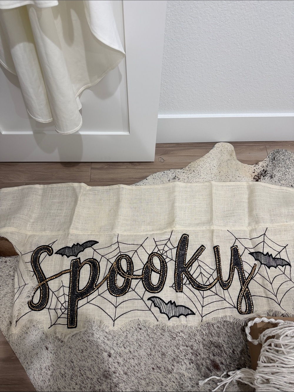 Tahari Cream and Black 'Spooky' Embroidered Holiday mantle scarf